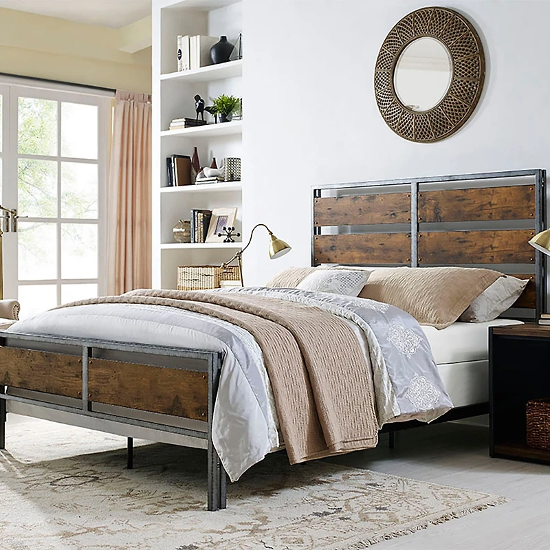 Walker Edison Queen Size Metal and Wood Plank Bed