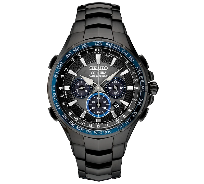 Seiko Men's Radio Sync Solar Chronograph Coutura Black Stainless Steel Bracelet Watch 44.5mm
