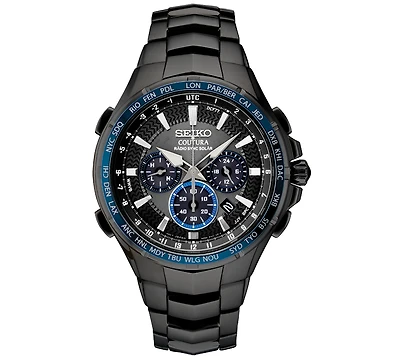 Seiko Men's Radio Sync Solar Chronograph Coutura Black Stainless Steel Bracelet Watch 44.5mm