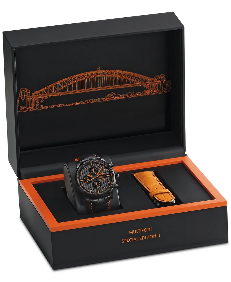 Mido Men's Swiss Automatic Multifort Orange Leather & Interchangeable Black Leather Strap Watch 44mm