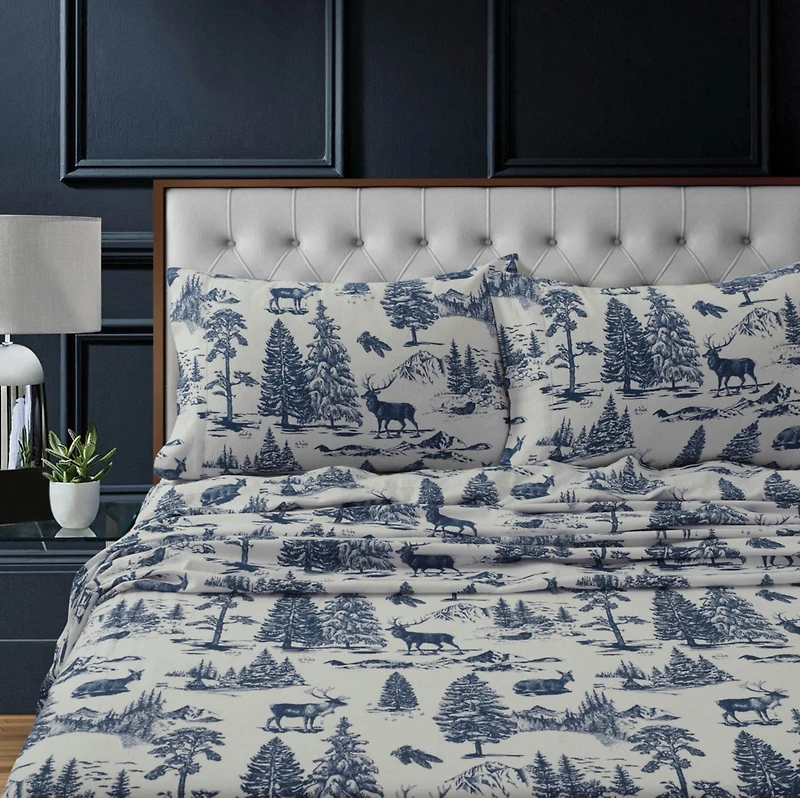 Tribeca Living Mountain Toile Heavyweight Flannel Extra Deep Pocket Sheet Set, King