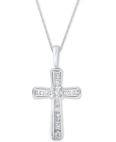 Diamond Baguette Cross Adjustable Pendant Necklace (1/5 ct. t.w) 10k White or Yellow Gold