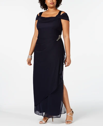 Alex Evenings Plus Size Embellished Cold-Shoulder Gown