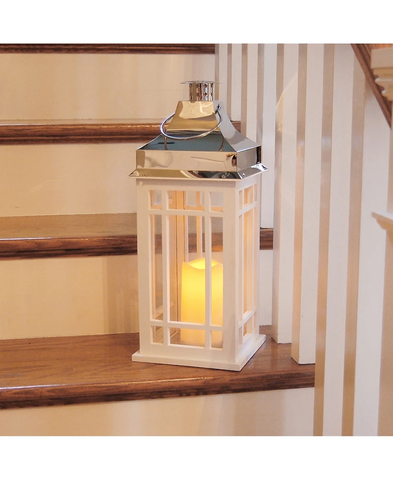 Lumabase White Wooden Lantern with Chrome Roof and Led Candle