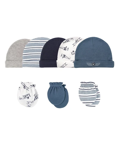 Hudson Baby Boys Soft Cotton Beanie and Anti-Scratch Hand Mitts