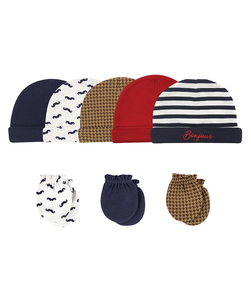 Hudson Baby Boys Soft Cotton Beanie and Anti-Scratch Hand Mitts