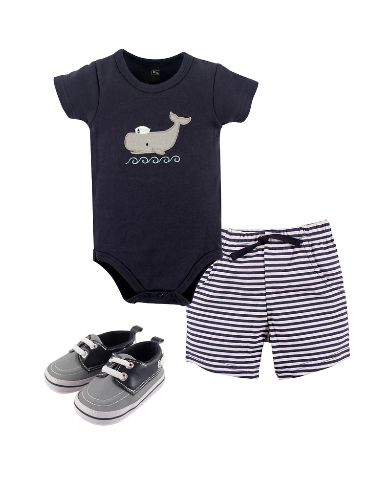 Hudson Baby Baby Boys Hudson Breathable Cotton Coordinated Bodysuit, Shorts, and Shoe Outfit