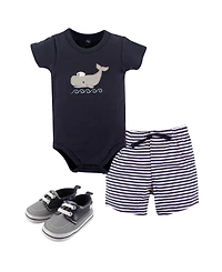 Hudson Baby Baby Boys Hudson Breathable Cotton Coordinated Bodysuit, Shorts, and Shoe Outfit
