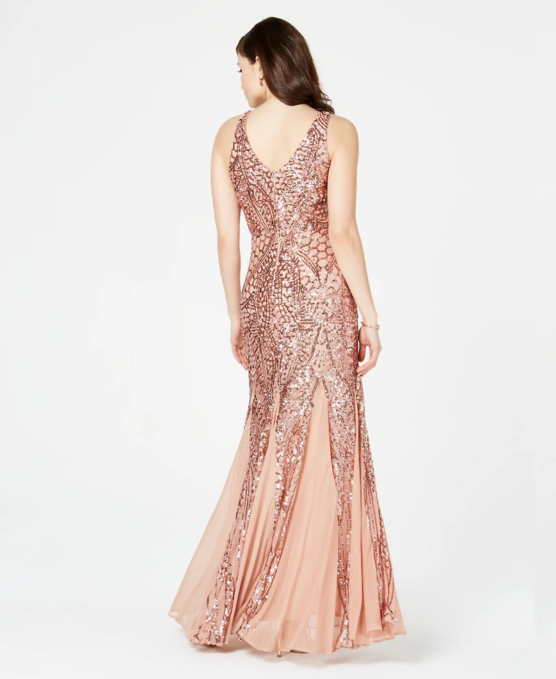 R&M Richards Petite Sleeveless Pleated Sequin Embellished Gown