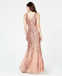 R&M Richards Petite Sleeveless Pleated Sequin Embellished Gown