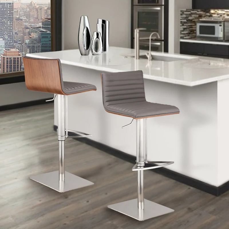 Cafe Adjustable Height Swivel Gray Artificial leather and Walnut Wood Bar Stool with Brushed Stainless Steel Base