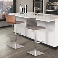 Cafe Adjustable Height Swivel Gray Artificial leather and Walnut Wood Bar Stool with Brushed Stainless Steel Base