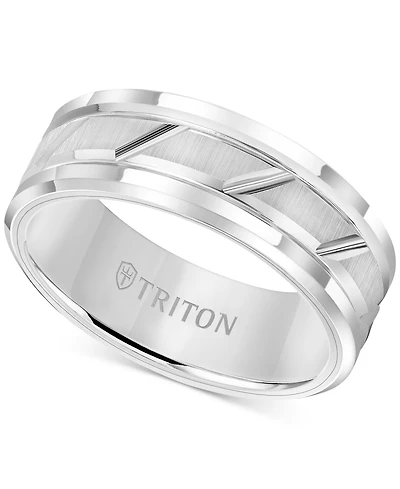 Triton Men's White Tungsten Carbide Ring, 8mm Diamond-Cut Wedding Band