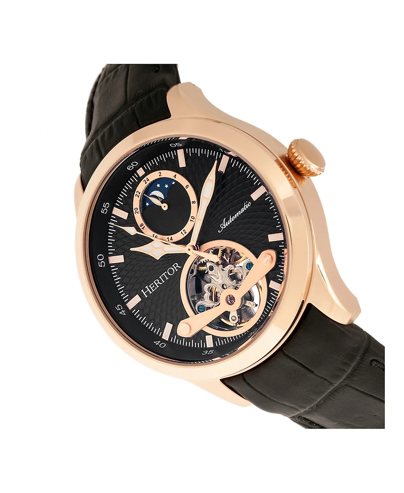 Heritor Automatic Gregory Rose Gold Case, Genuine Black Leather Watch 45mm