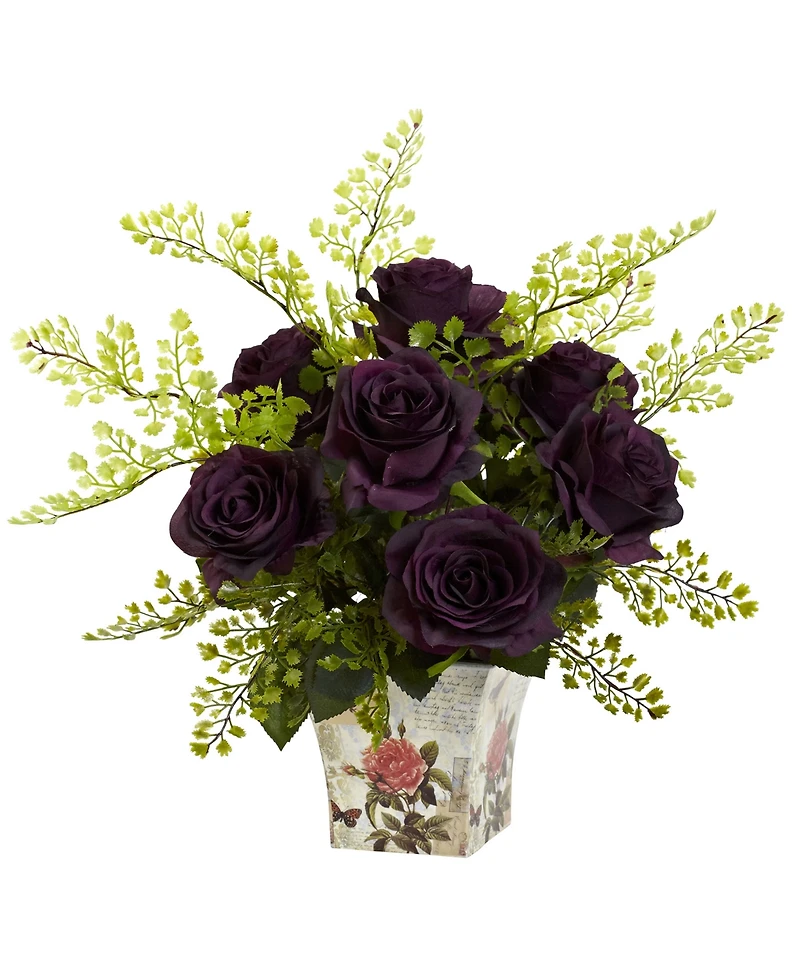 Nearly Natural Rose and Maiden Hair w/Floral Planter