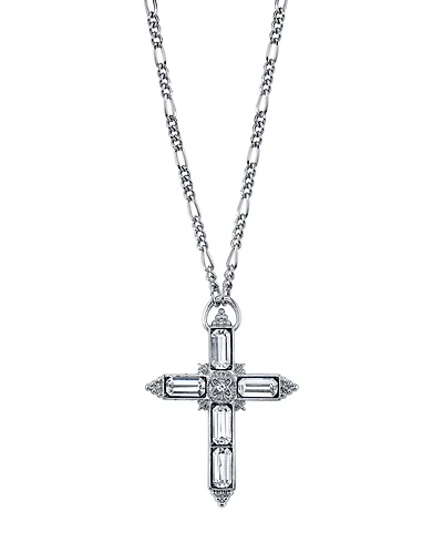 2028 Silver Tone Large Crystal Cross Pendant Necklace 28"