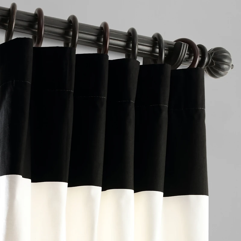 Half Price Drapes Onyx Black & Off White Horizontal Striped Printed Cotton Room Darkening Curtain