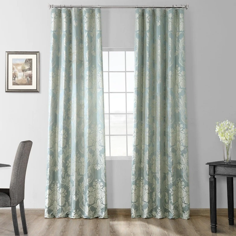 Half Price Drapes Magdelena Blue & Steel Damask Faux Silk Jacquard Room Darkening Curtain