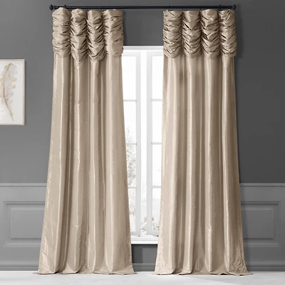 Half Price Drapes Antique Beige Ruched Solid Faux Silk Taffeta Room Darkening Curtain