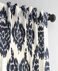 Half Price Drapes Ikat Blue Damask Printed Cotton Room Darkening Curtain