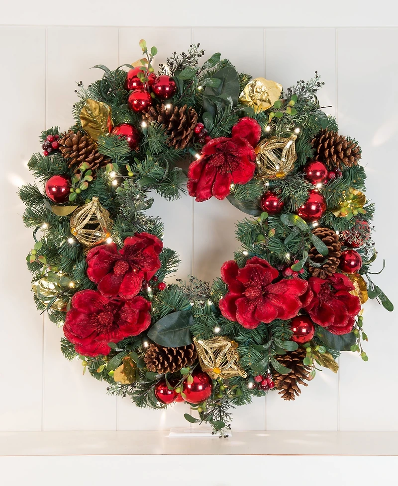 Village Lighting 30" Lighted Christmas Wreath, Red Magnolia