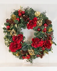 Village Lighting 30" Lighted Christmas Wreath, Red Magnolia