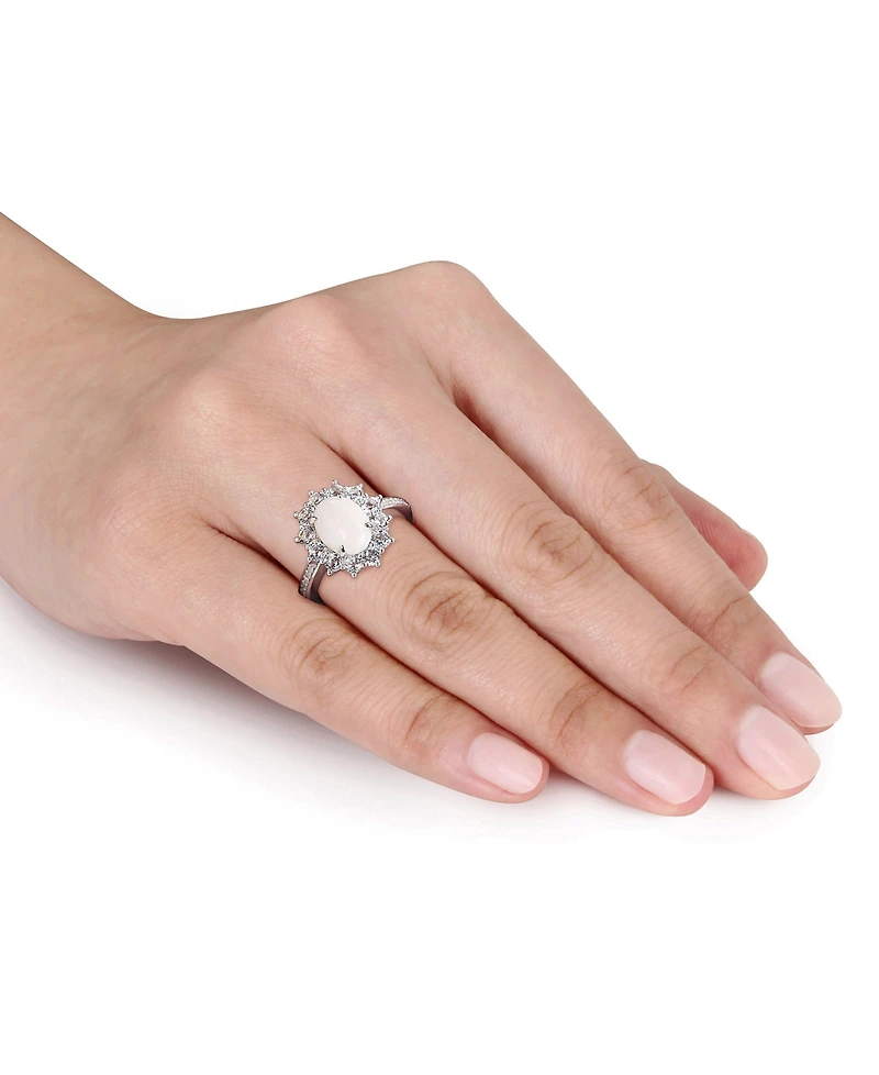 Oval Cut Opal (1 ct. t.w.), White Topaz t.w.) and Diamond (1/10 Halo Ring Sterling Silver