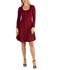 24seven Comfort Apparel Women's Simple Long Sleeve Knee Length Flared Dress