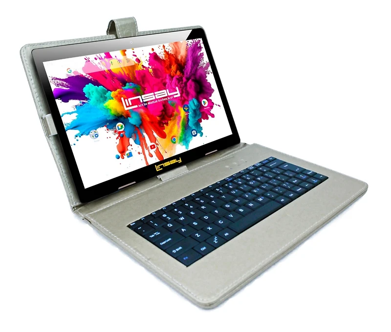 Linsay New 10.1" Tablet Octa Core 128GB Bundle with Exclusive Luxury Silver Keyboard and Newest Android 14