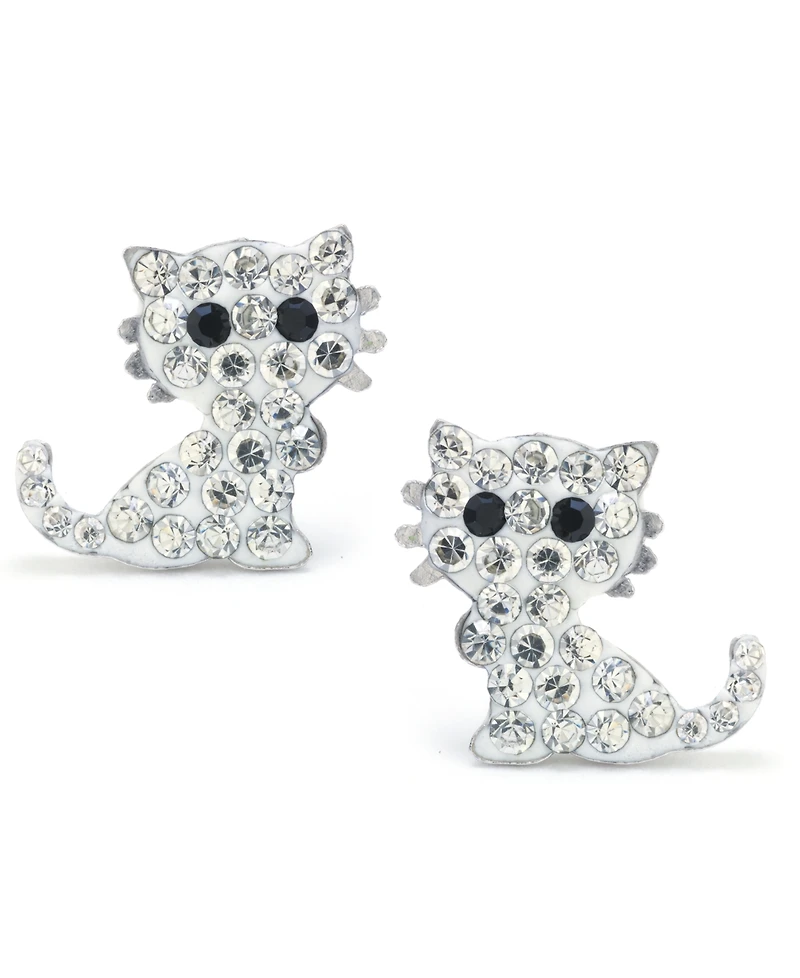 Crystal Pave Little Cat with Whiskers Stud Earrings in Sterling Silver