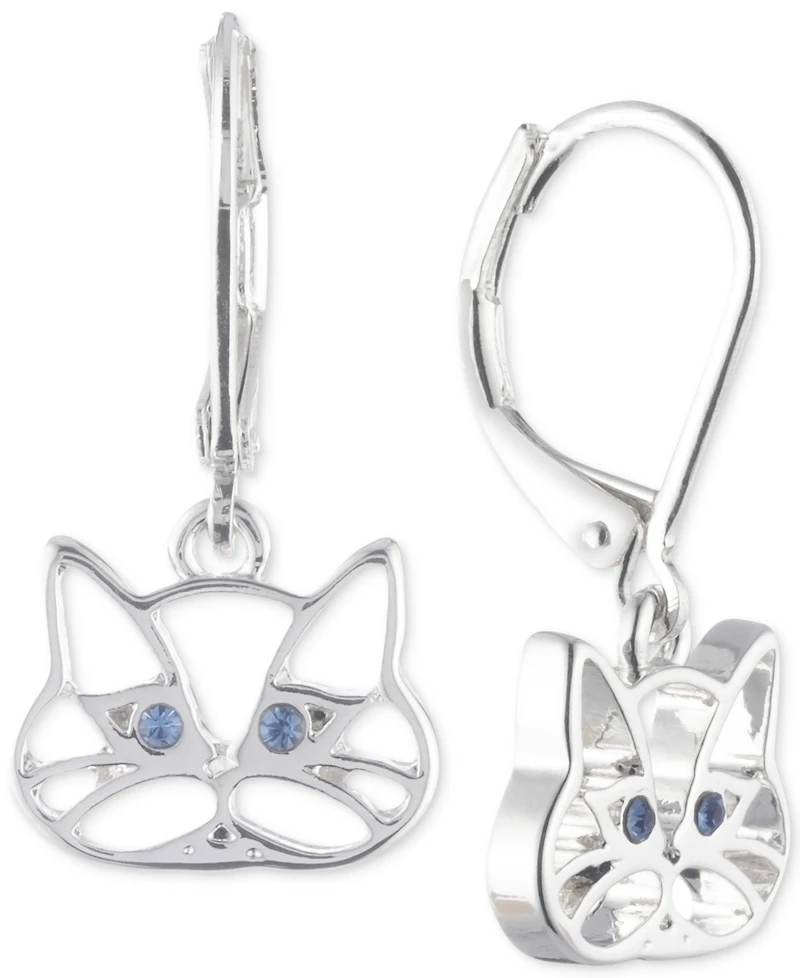 Pet Friends Jewelry Silver-Tone Blue Crystal Cat Drop Earrings