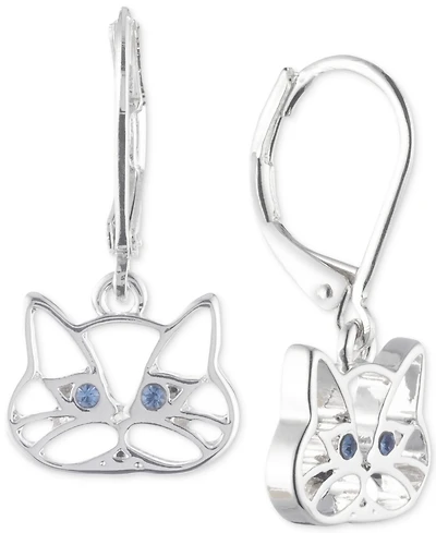 Pet Friends Jewelry Silver-Tone Blue Crystal Cat Drop Earrings
