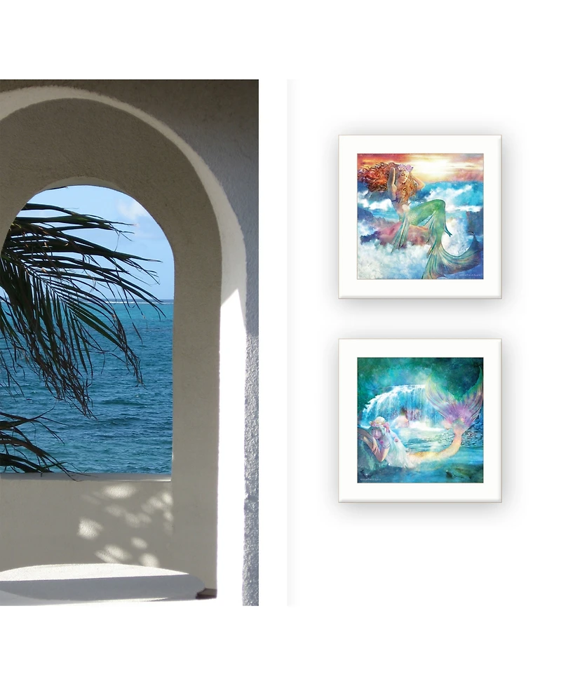 Trendy Decor 4U Mermaids 2-Piece Vignette by Bluebird Barn, White Frame, 15" x 15"