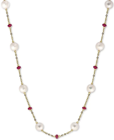 Effy Cultured Freshwater Pearl (8mm) & Ruby (3-1/3 ct. t.w.) 18" Statement Necklace in 14k Gold (Also in Sapphire)