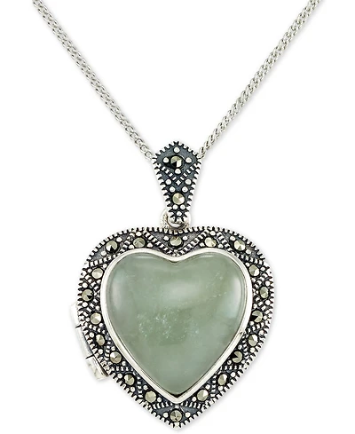 Jade (13mm) & Marcasite Heart Locket 18" Pendant Necklace in Sterling Silver