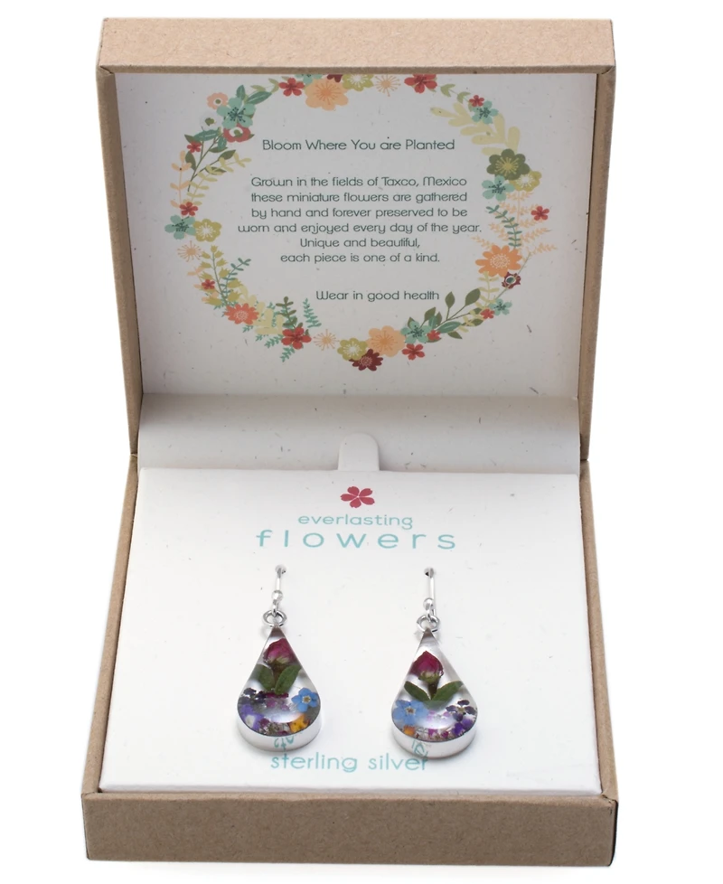 Medium Teardrop Dried Flower Earrings Sterling Silver. Available Multi, Blue, Yellow or Purple