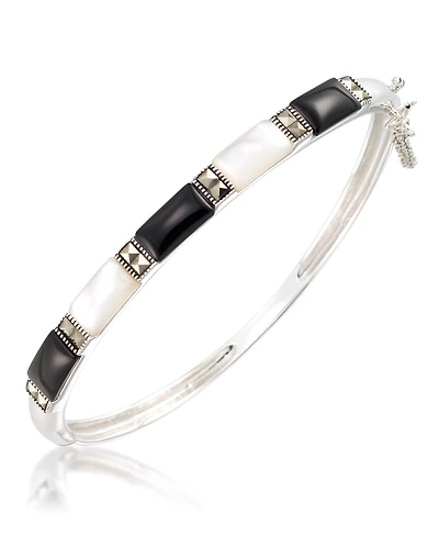 Marcasite, Onyx and Mother Of Pearl Bangle in Sterling Silver