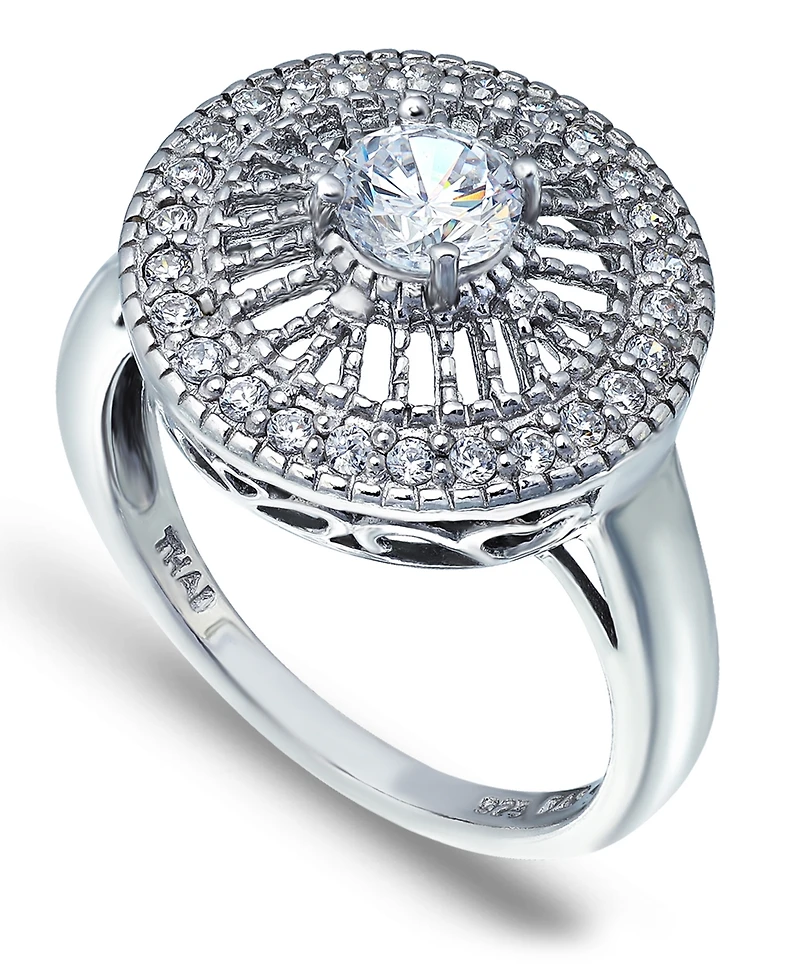 Cubic Zirconia Medallion Ring with Round Prong Center Stone Silver Plate