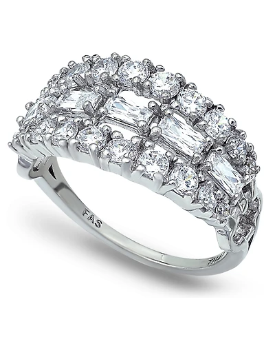 Cubic Zirconia 3 Row Emerald Round Prong Set StonesRing Silver Plate