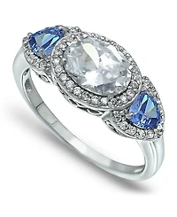 Cubic Zirconia Oval with Tanzanite Cz Accents 3 Stone Ring Silver Plate