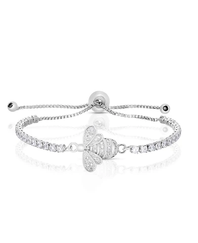 Cubic Zirconia Bee Adjustable Bolo Bracelet In Silver Plate