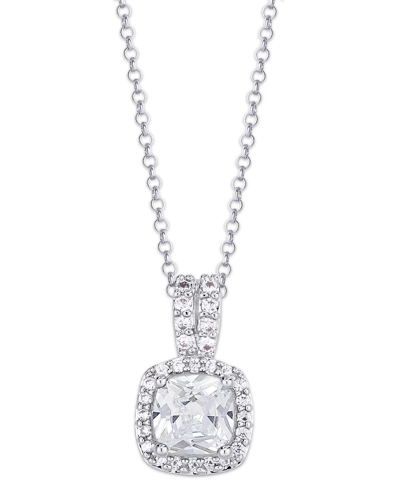 Birthstone Cushion Halo Pendant Necklace Silver Plate