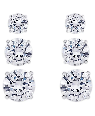 Cubic Zirconia 3-Pc. Set Graduated Round Stud Earrings in Silver Plate