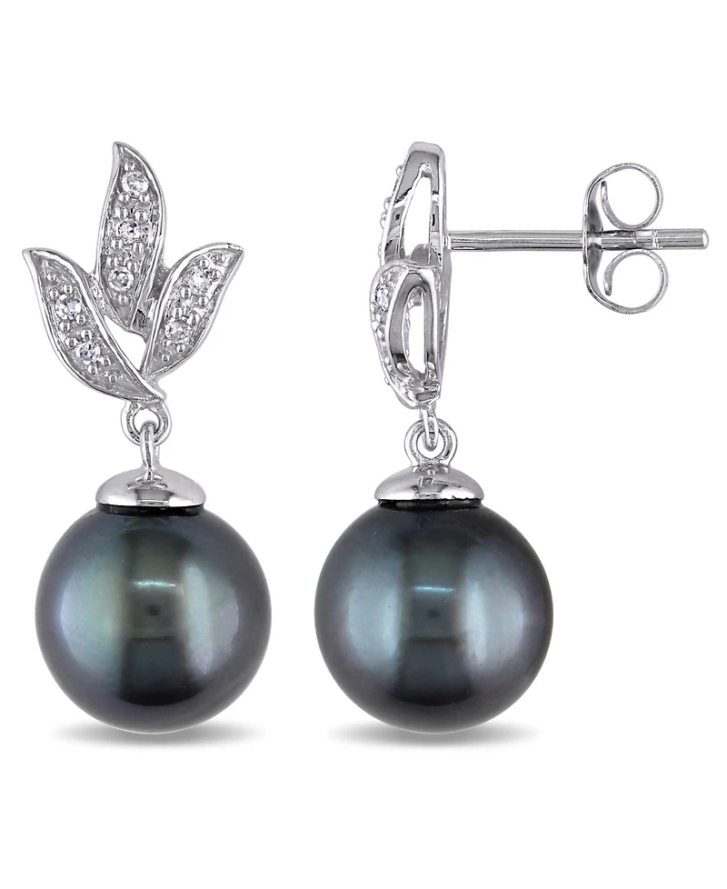 Tahitian Cultured Pearl (9-9.5mm) and Diamond (1/10 ct. t.w.) Floral Earrings in 10k White Gold