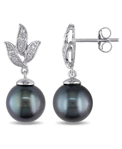 Tahitian Cultured Pearl (9-9.5mm) and Diamond (1/10 ct. t.w.) Floral Earrings in 10k White Gold