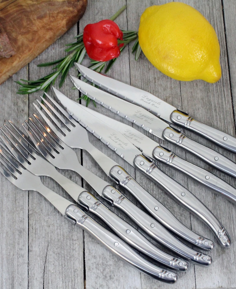 French Home Laguiole Stainless Steel Steak Knife and Fork Set, 8 Piece.