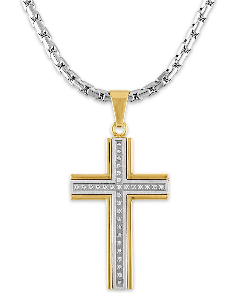Men's 1/6 Carat Diamond Cross Pendant 22" Chain in Stainless Steel and Gold Tone Ion Plating