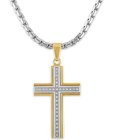 Men's 1/6 Carat Diamond Cross Pendant 22" Chain in Stainless Steel and Gold Tone Ion Plating