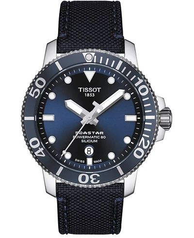 Tissot Men's Swiss Automatic T-Sport Seastar 1000 Powermatic 80 Silicium Blue Fabric Strap Diver Watch 43mm