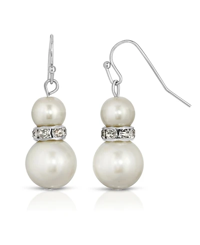 2028 Silver-Tone White Graduated Imitation Pearl and Crystal Drop Earrings